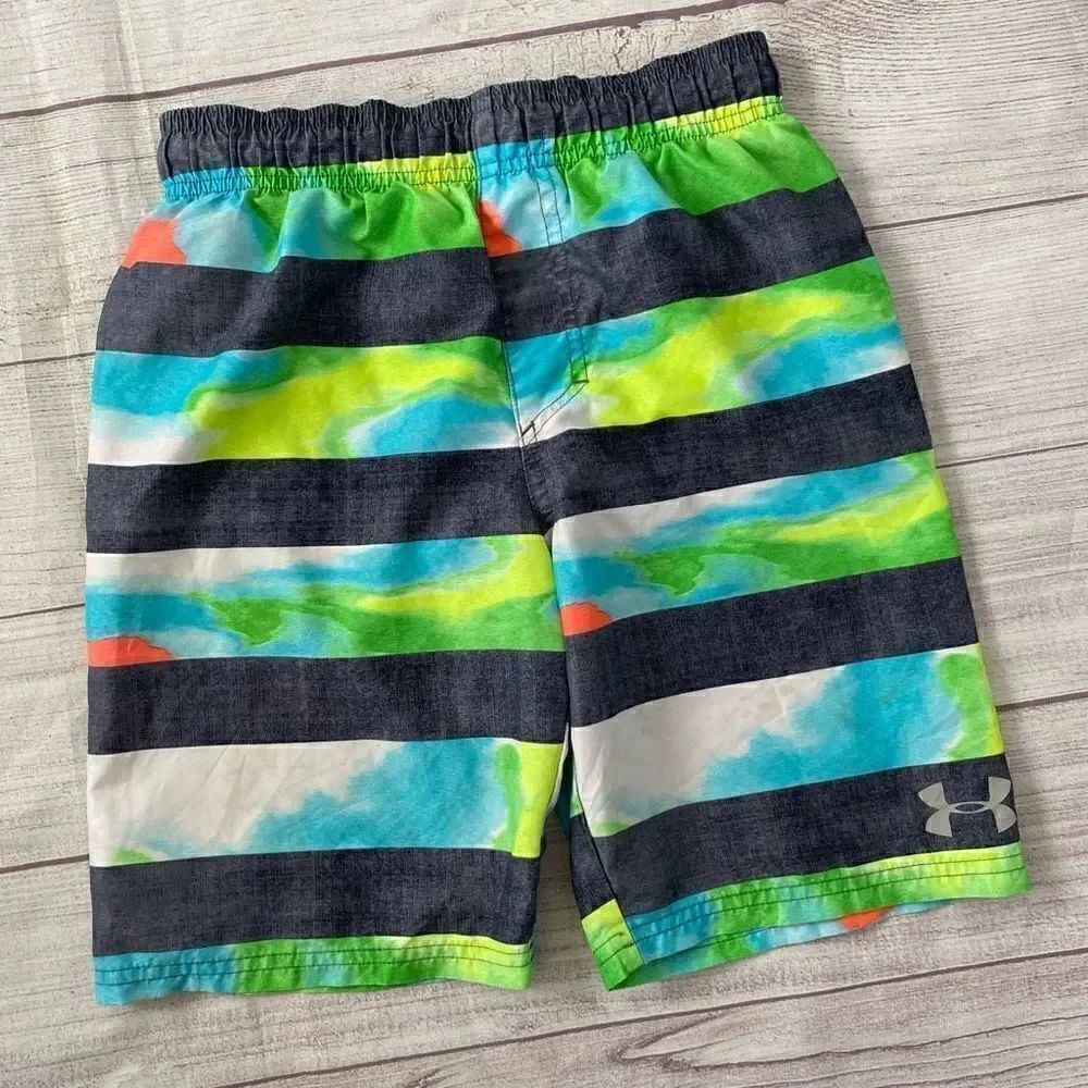 Under Armour stripe bathing suit w/mesh lining & drawstring big boys sz youth S